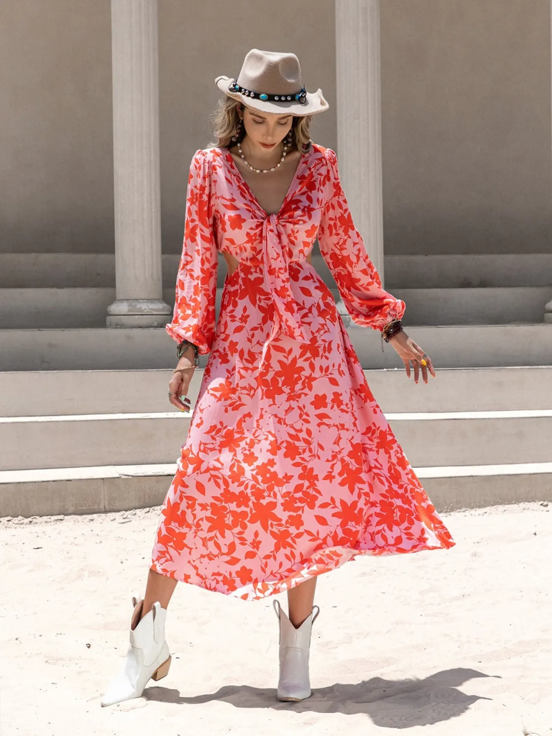 🌸 Tied Cutout Printed Long Sleeve Midi Dress 🌸