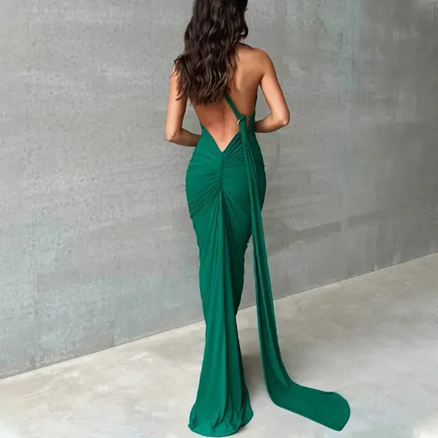 Backless Maxi Dress Oblique Shoulder Sleeveless^