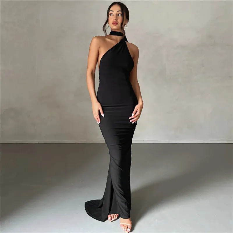 Backless Maxi Dress Oblique Shoulder Sleeveless^