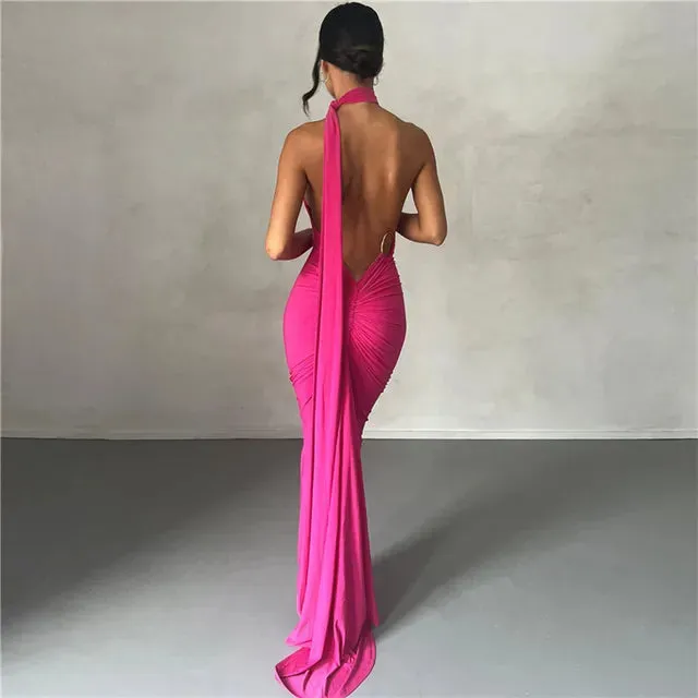 Backless Maxi Dress Oblique Shoulder Sleeveless^