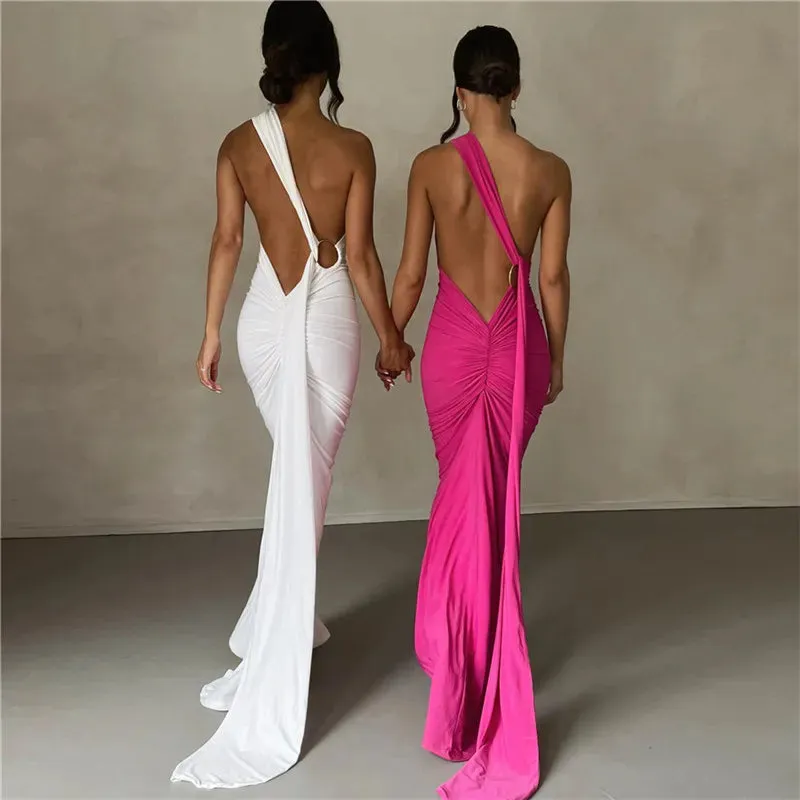 Backless Maxi Dress Oblique Shoulder Sleeveless^