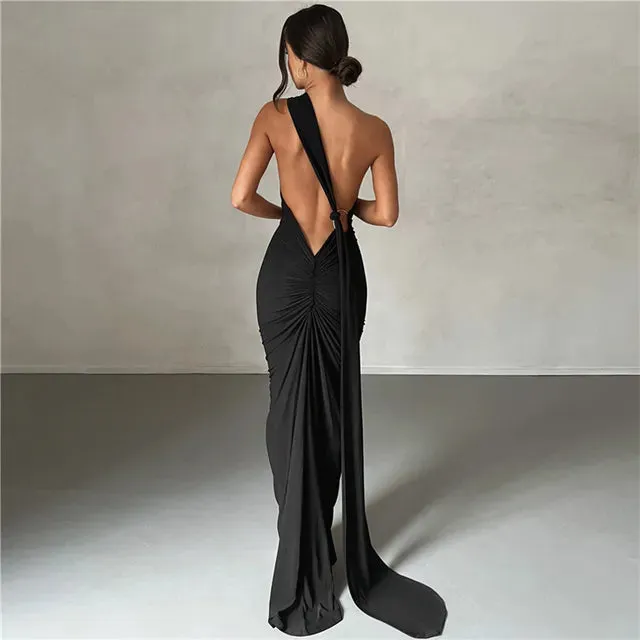 Backless Maxi Dress Oblique Shoulder Sleeveless^