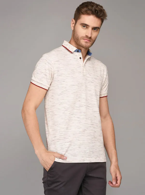 Beige Self Textured Slim Fit Polo T-Shirt | JadeBlue