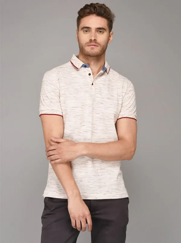 Beige Self Textured Slim Fit Polo T-Shirt | JadeBlue