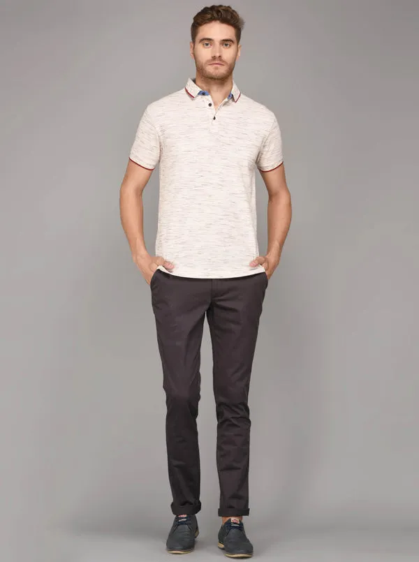 Beige Self Textured Slim Fit Polo T-Shirt | JadeBlue