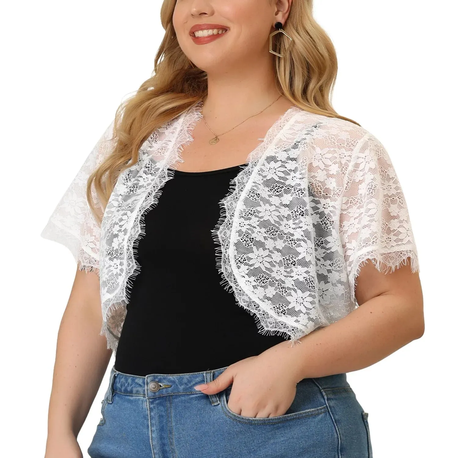 Bolero for plus size women lace kimono-cardigan with short sleeves Agnes Orinda, white