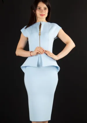 Carol Front Zipper Peplum Dress in Baby Blue