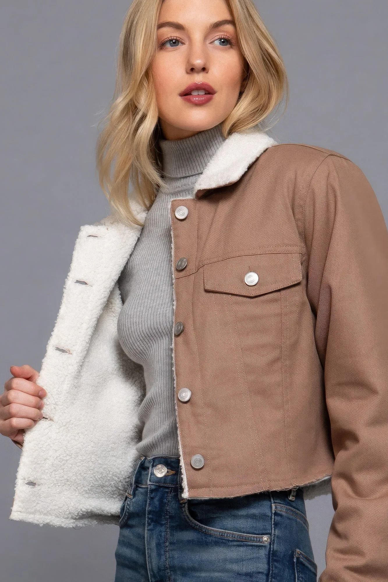 Cozy Button Closure Sherpa-Lined Twill Jacket in Cocoa | Fashion M&J