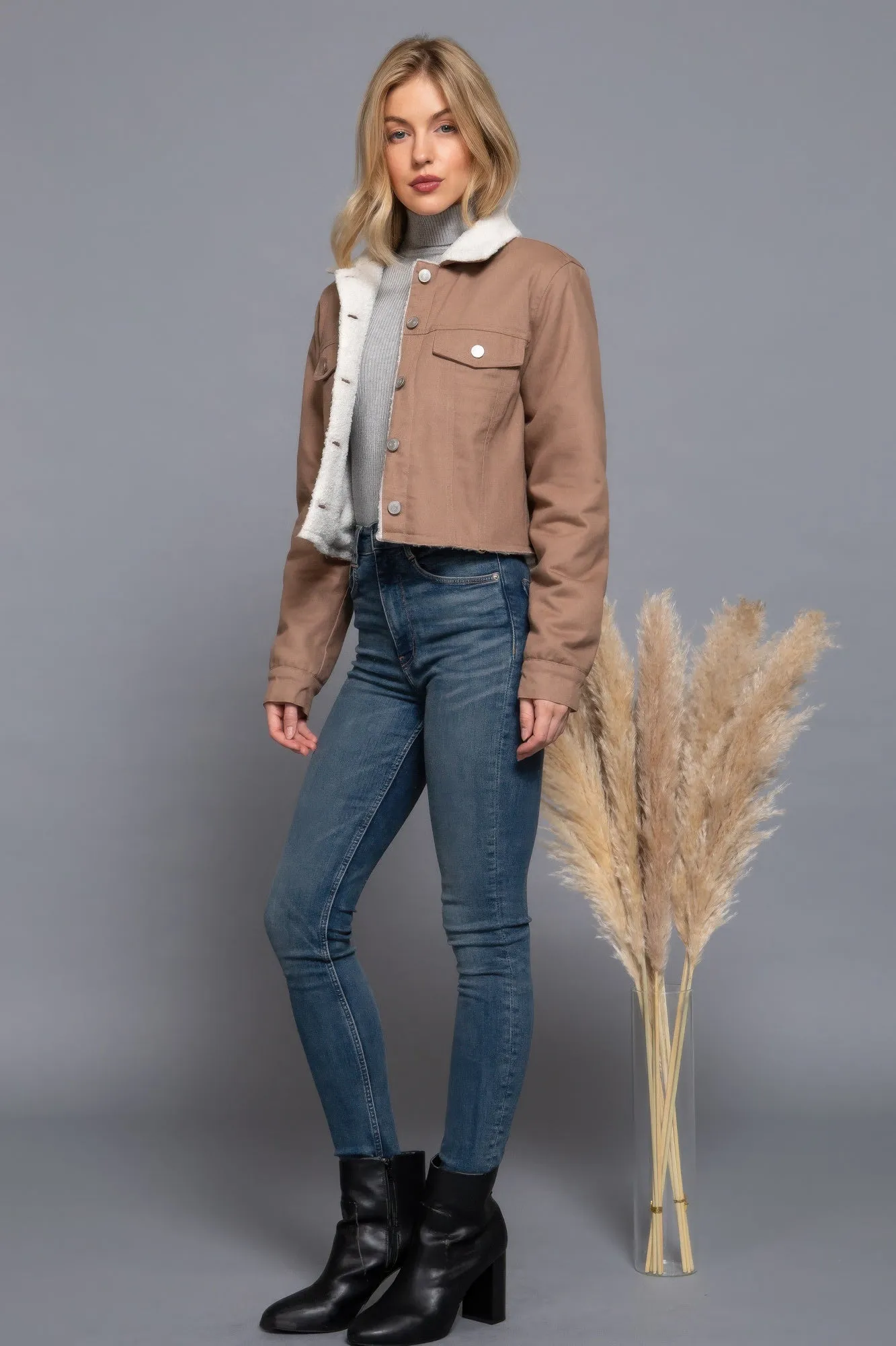 Cozy Button Closure Sherpa-Lined Twill Jacket in Cocoa | Fashion M&J