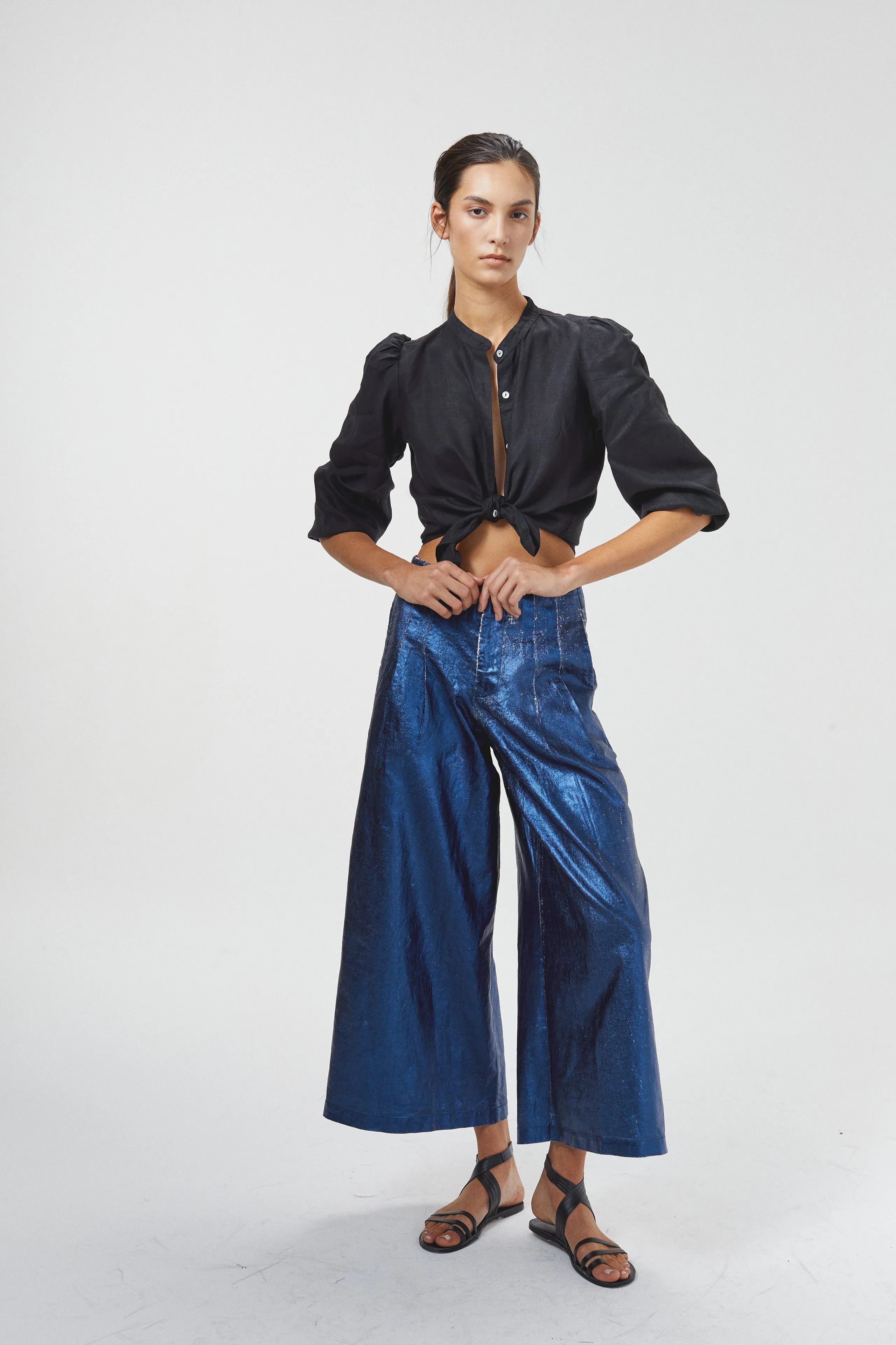 Culotte Metallic Linen Pants - Dark Blue