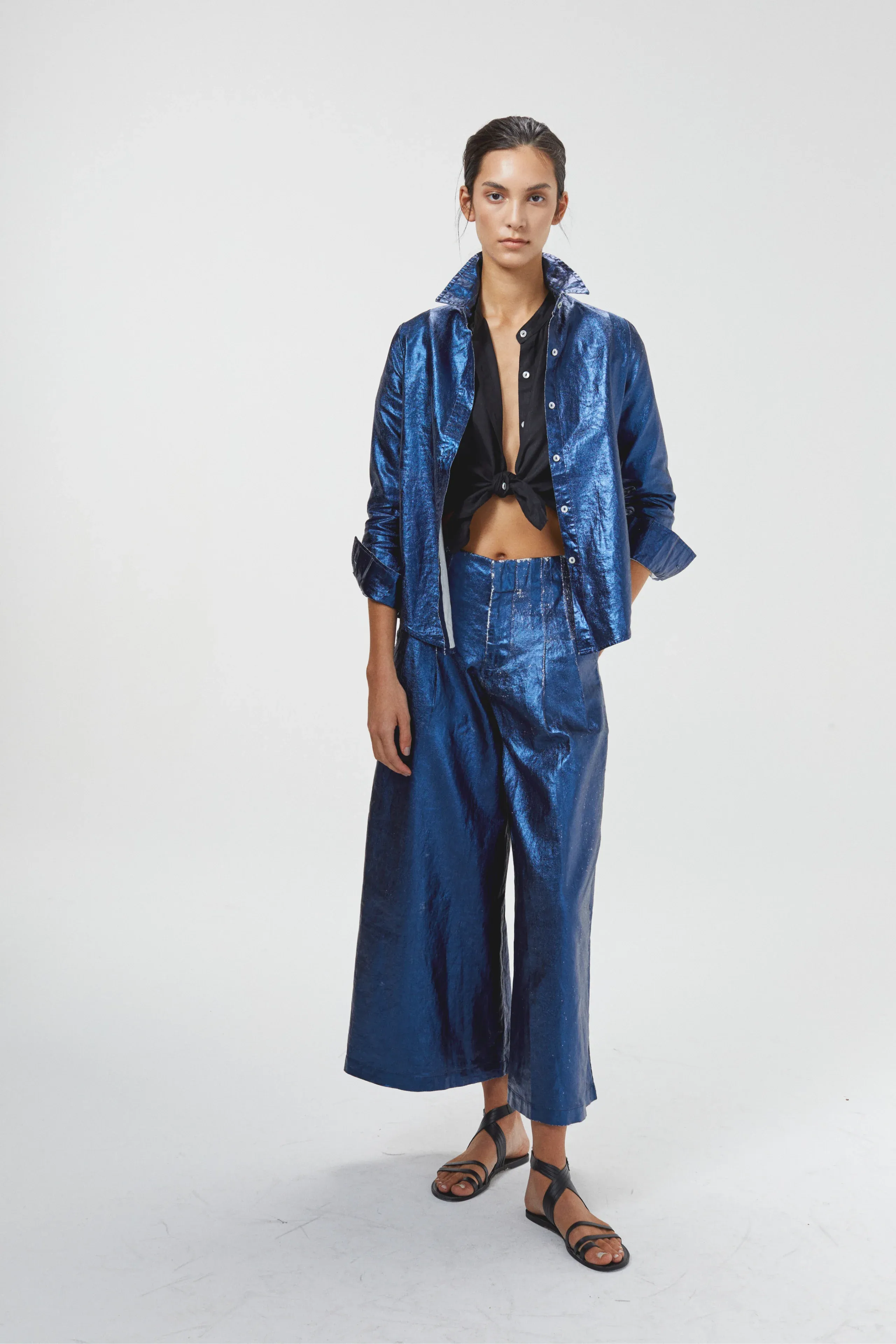 Culotte Metallic Linen Pants - Dark Blue