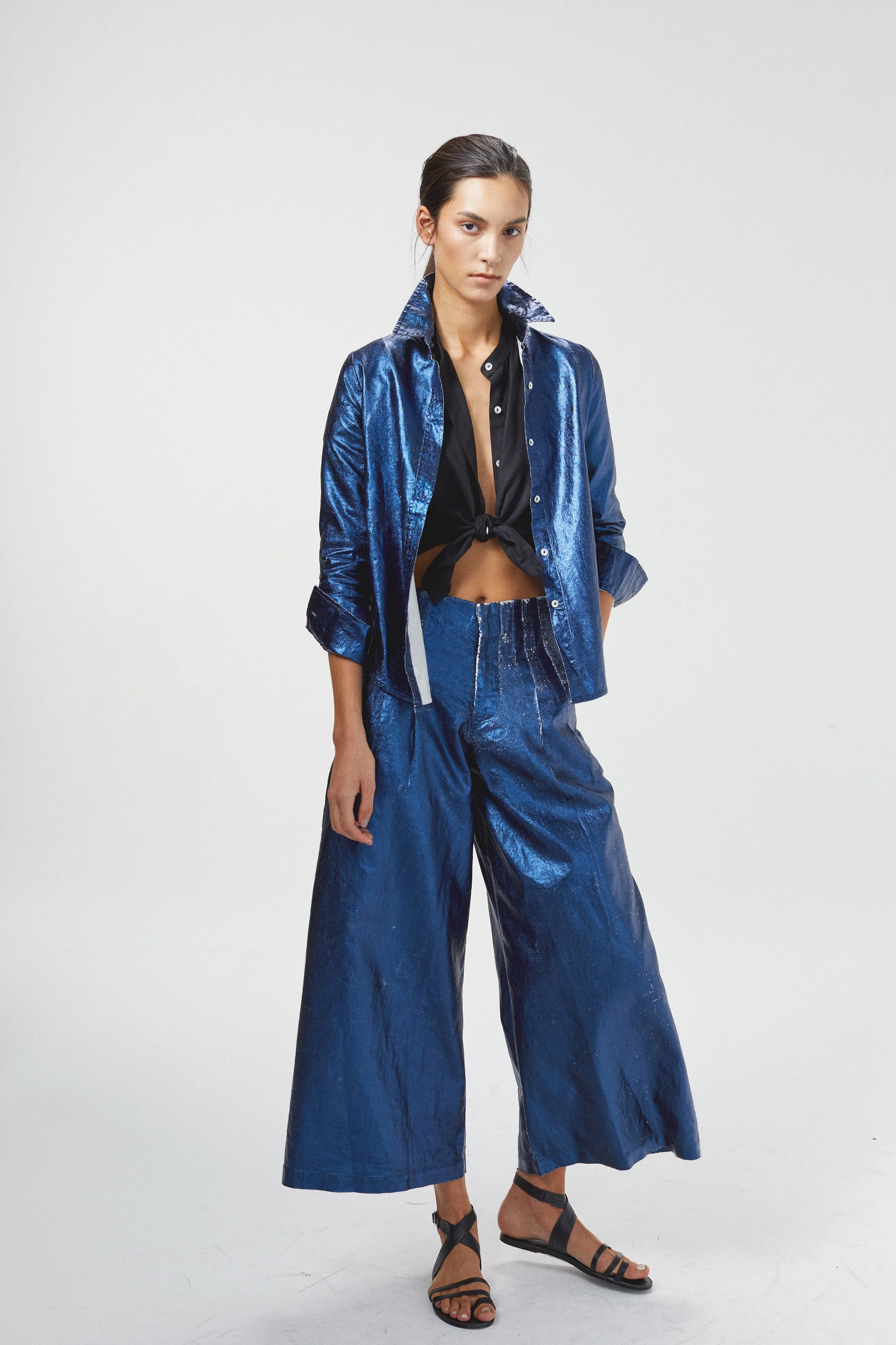 Culotte Metallic Linen Pants - Dark Blue