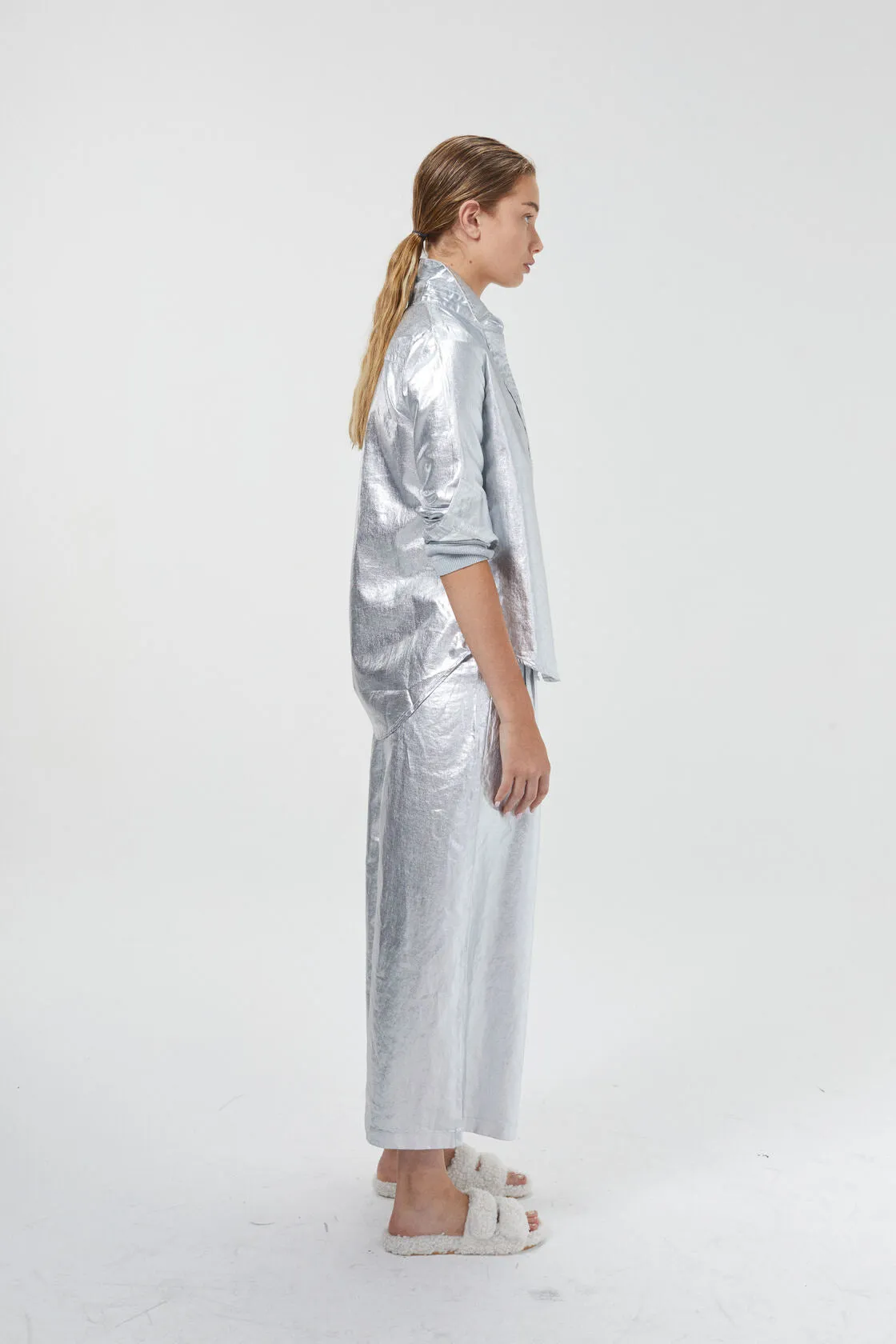 Culotte Metallic Linen Pants - New Silver