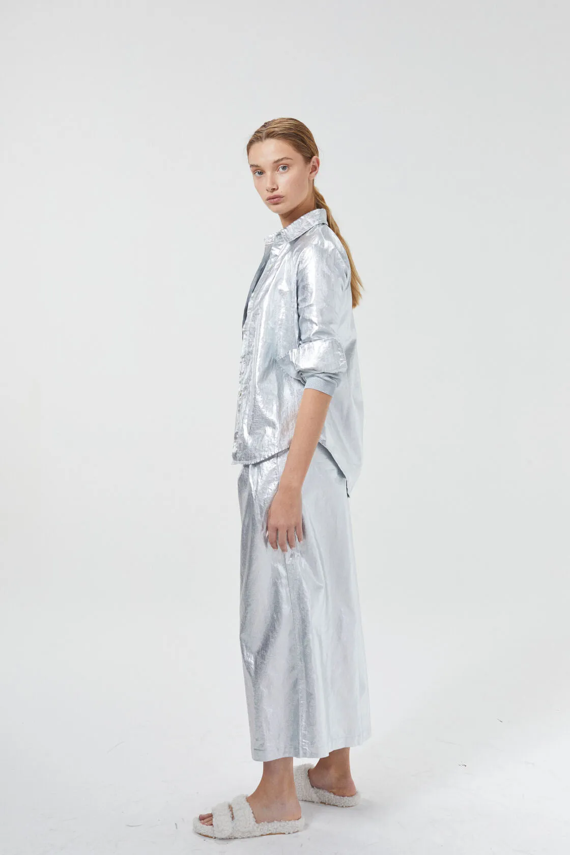 Culotte Metallic Linen Pants - New Silver