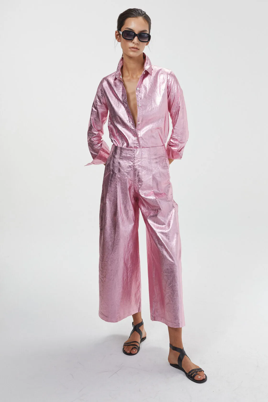 Culotte Metallic Linen Pants - Pink