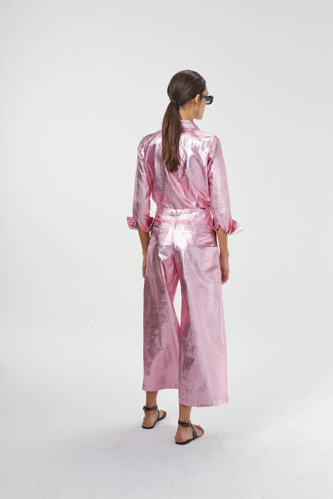 Culotte Metallic Linen Pants - Pink