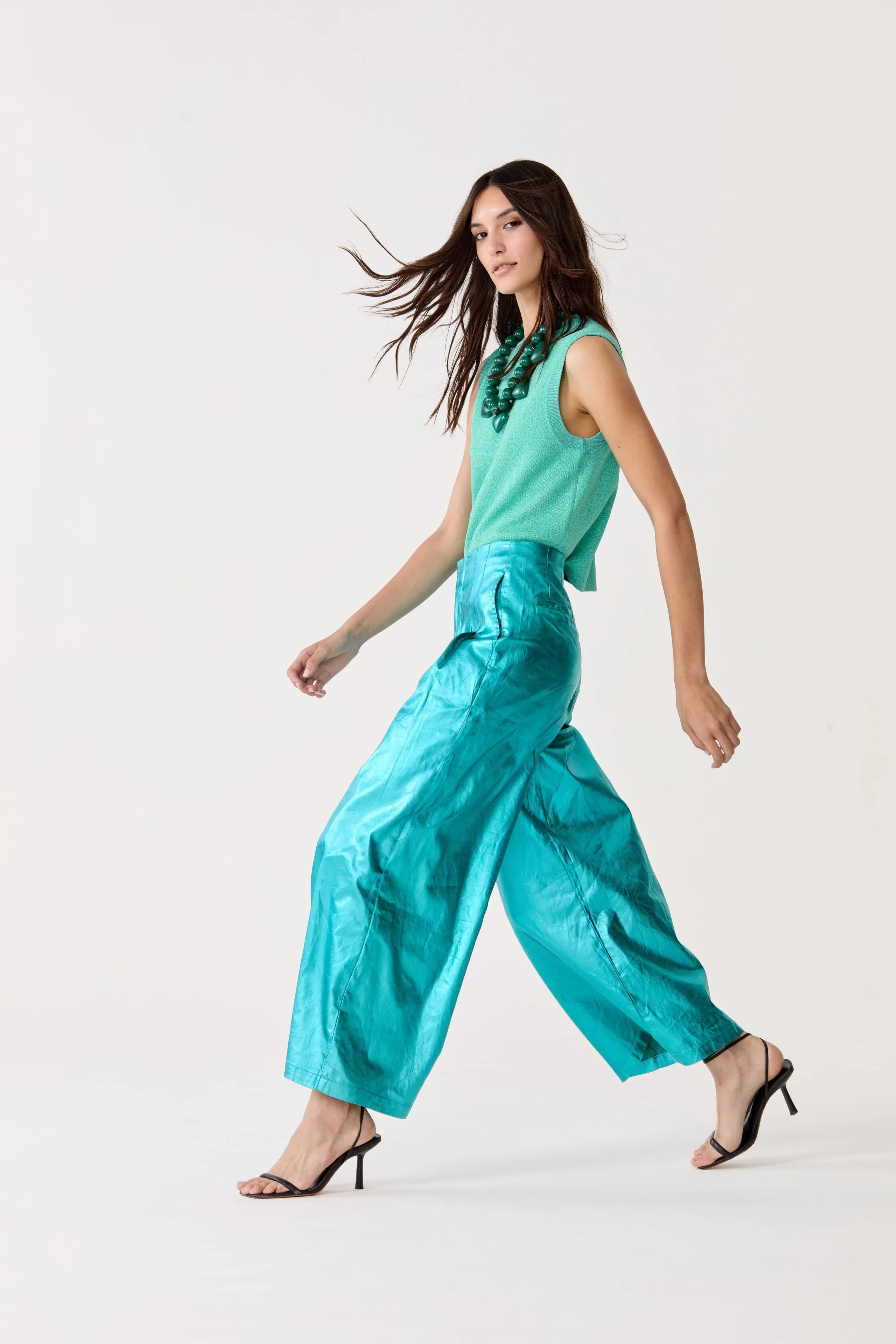 Culotte Metallic Linen Pants - Turquoise