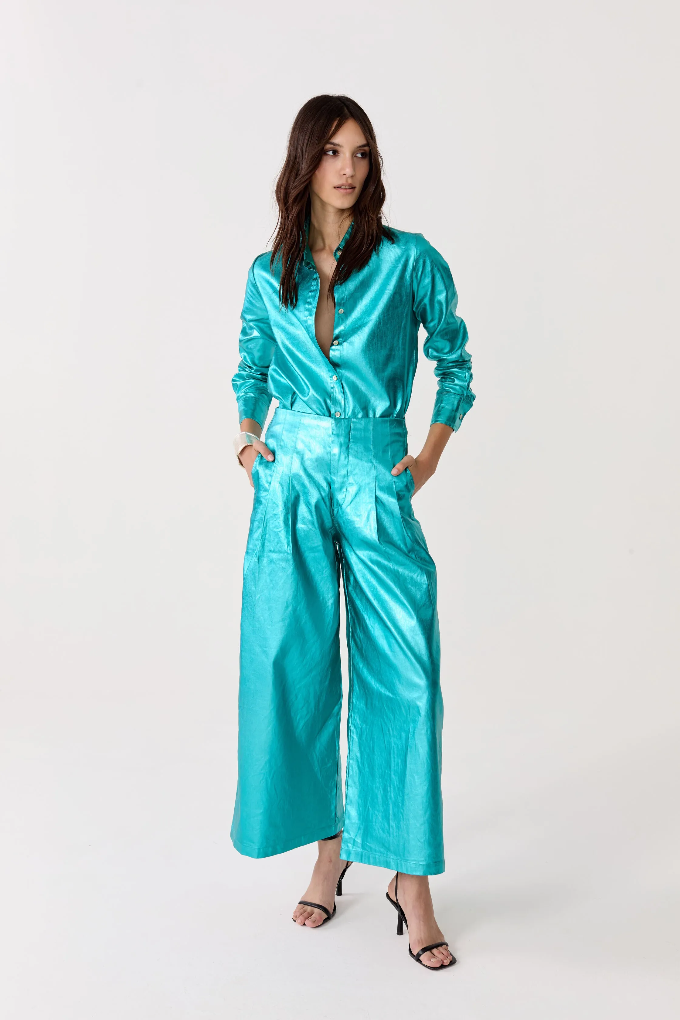 Culotte Metallic Linen Pants - Turquoise