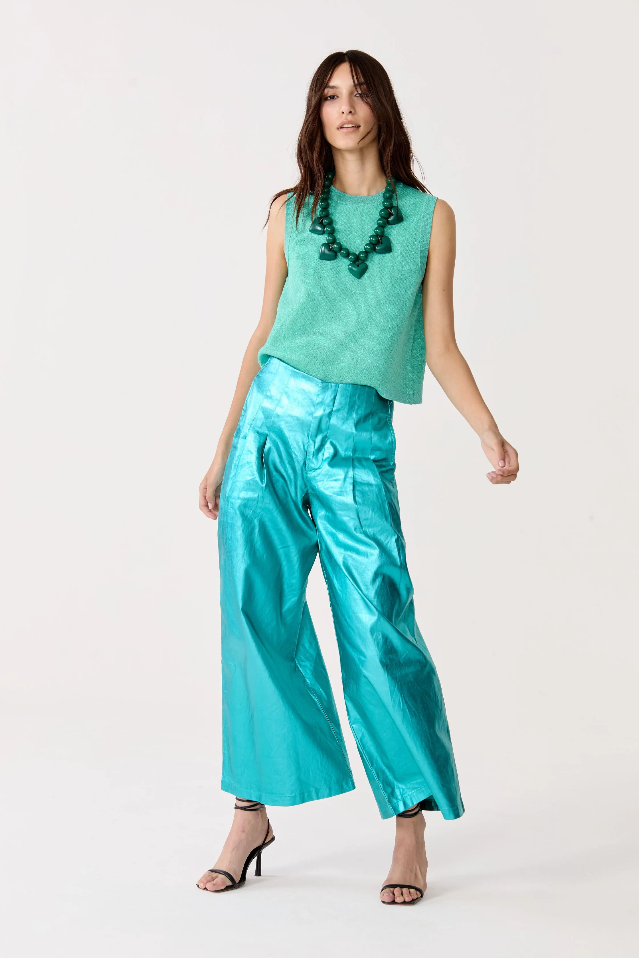 Culotte Metallic Linen Pants - Turquoise