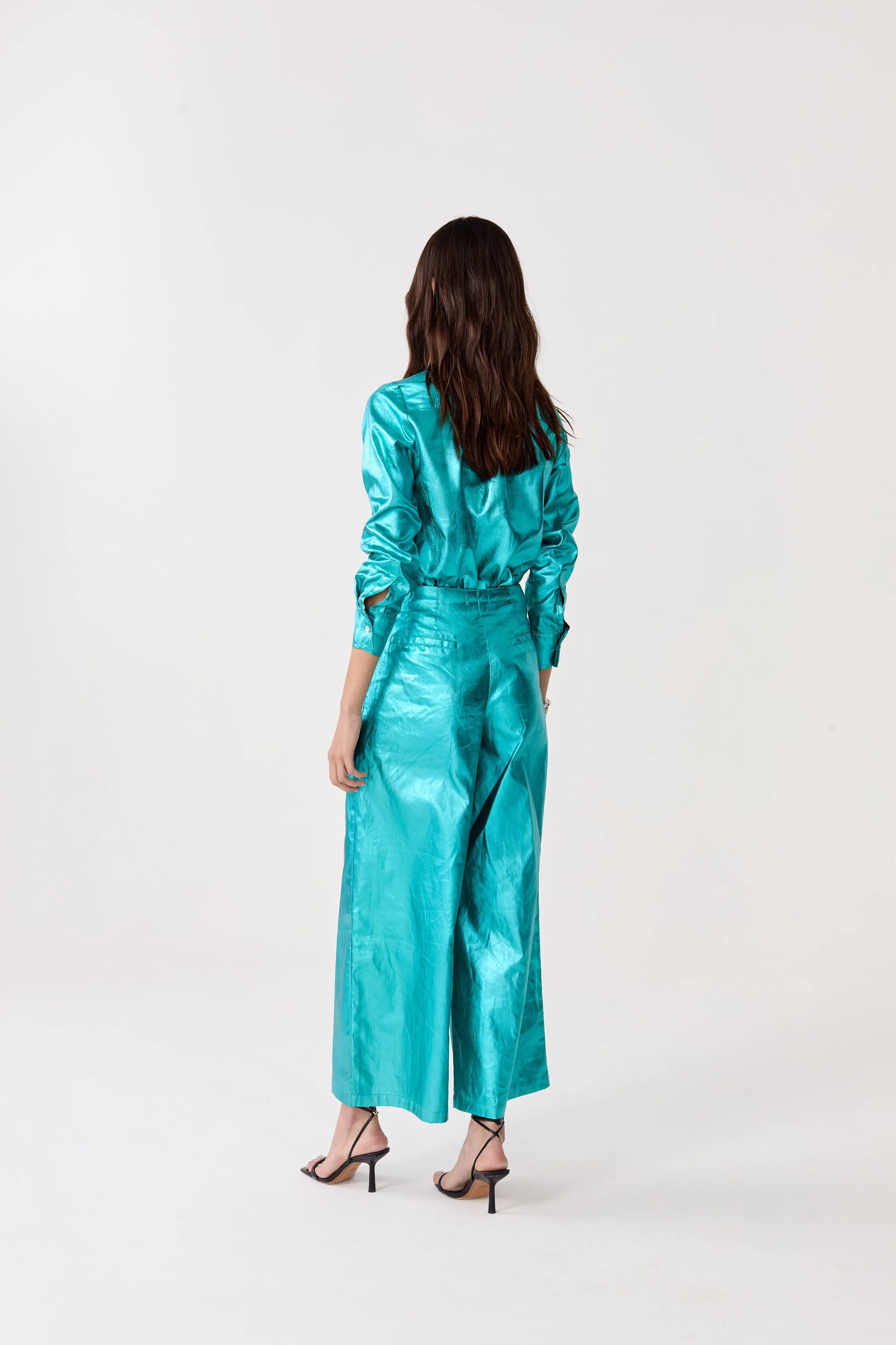 Culotte Metallic Linen Pants - Turquoise