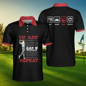 Eat Sleep Golf Repeat Polo Shirt, Short Sleeve Sporty Golfing Polo Shirt, Best Golf Shirt For Men Coolspod