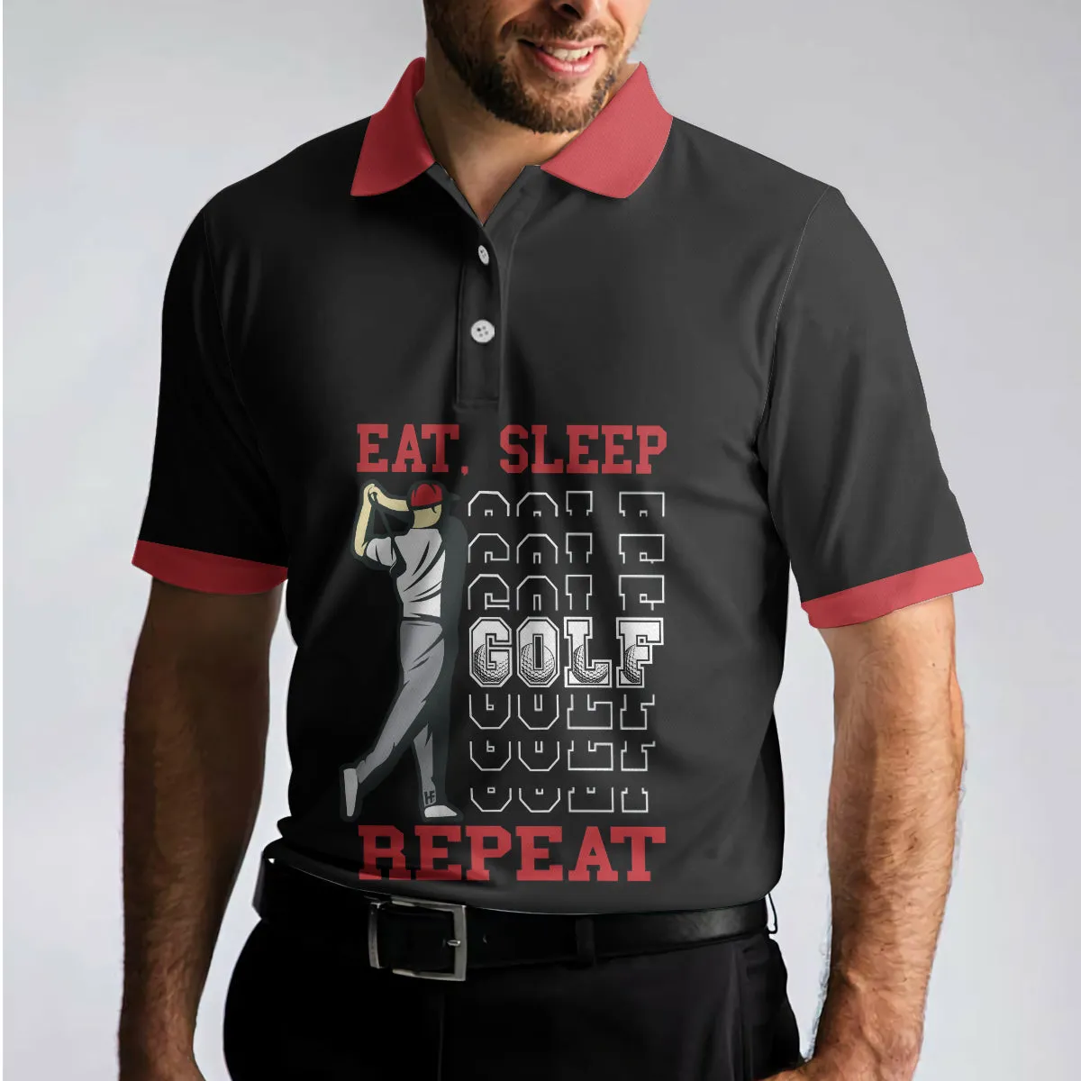 Eat Sleep Golf Repeat Polo Shirt, Short Sleeve Sporty Golfing Polo Shirt, Best Golf Shirt For Men Coolspod