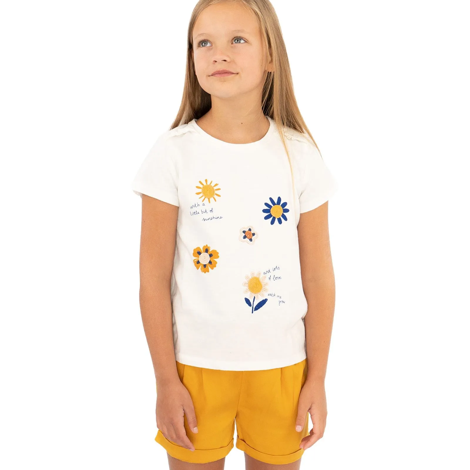 Girls Ivory T-Shirt Summer Sunflower Embroidered Tops