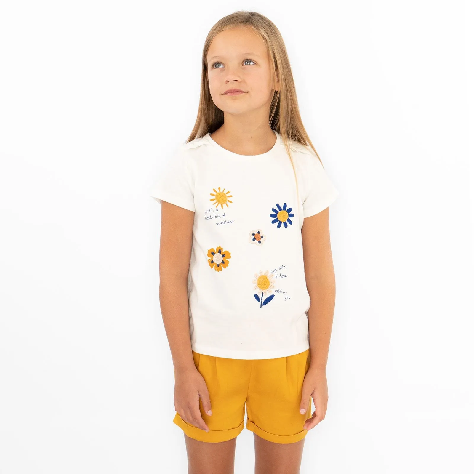 Girls Ivory T-Shirt Summer Sunflower Embroidered Tops