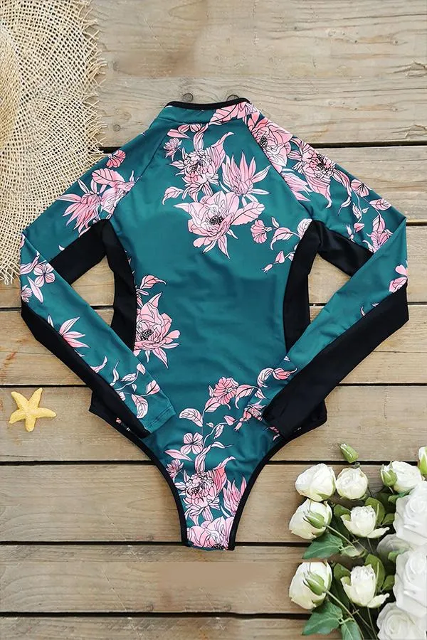 Green Floral Long Sleeve Half Zip UPF50  Rash Guard