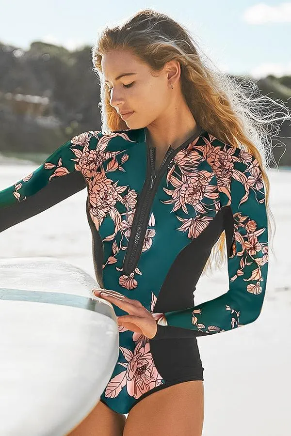 Green Floral Long Sleeve Half Zip UPF50  Rash Guard