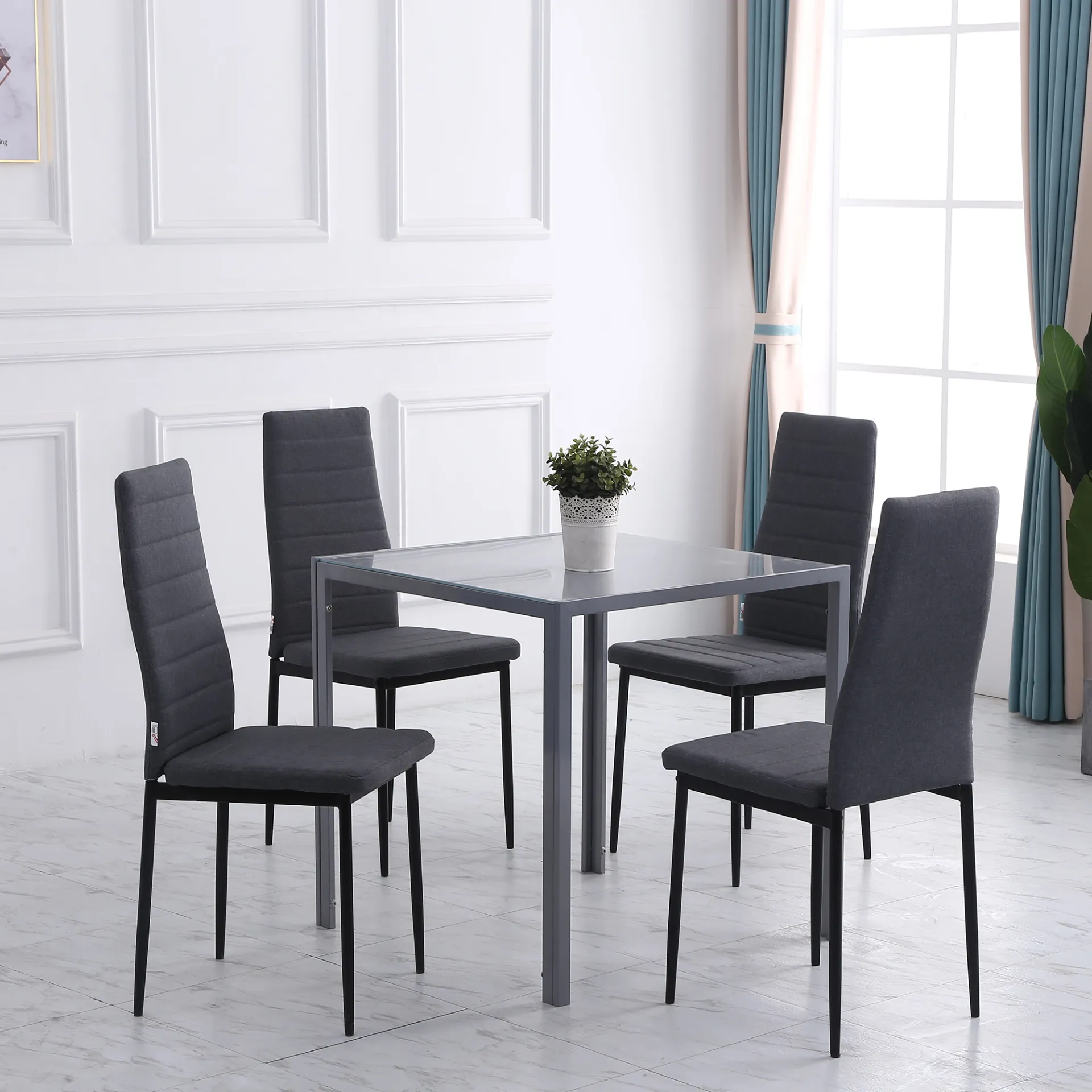 HOMCOM Modern Upholstered Linen-Touch High Back Dining Chairs with Metal Legs - Set of 4, Grey | Comfort & Style for Your Dining Room