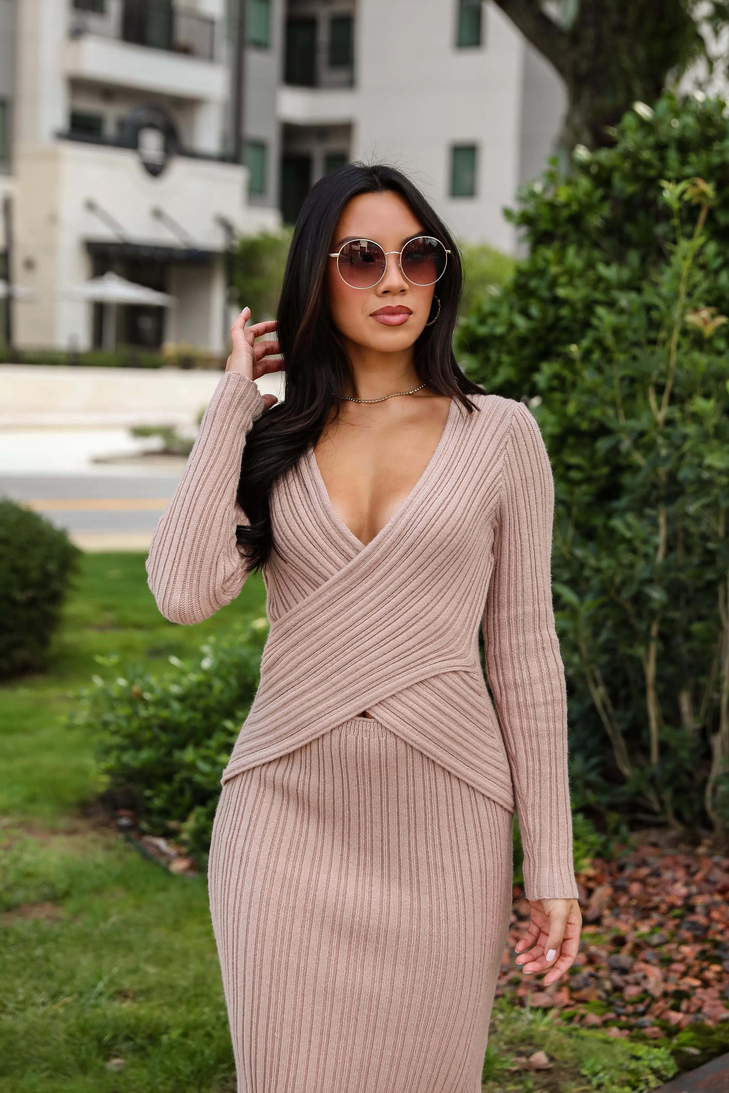 Intriguing Demeanor Taupe Criss-Cross Sweater Midi Dress