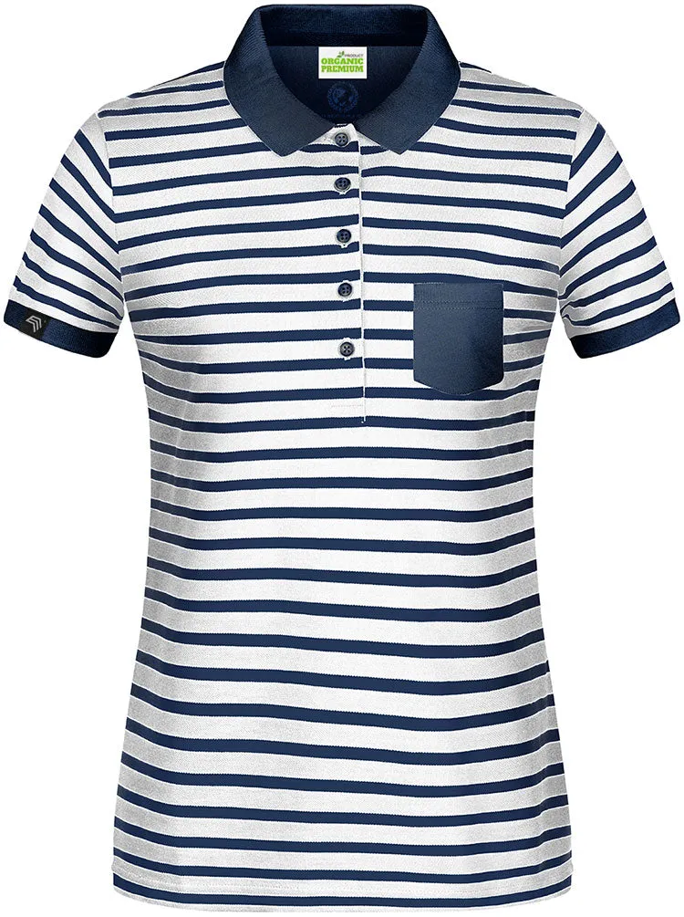 JAN 8029 ― Damen Bio Baumwolle Streifen Polo Shirt - Weiß / Navy Blau