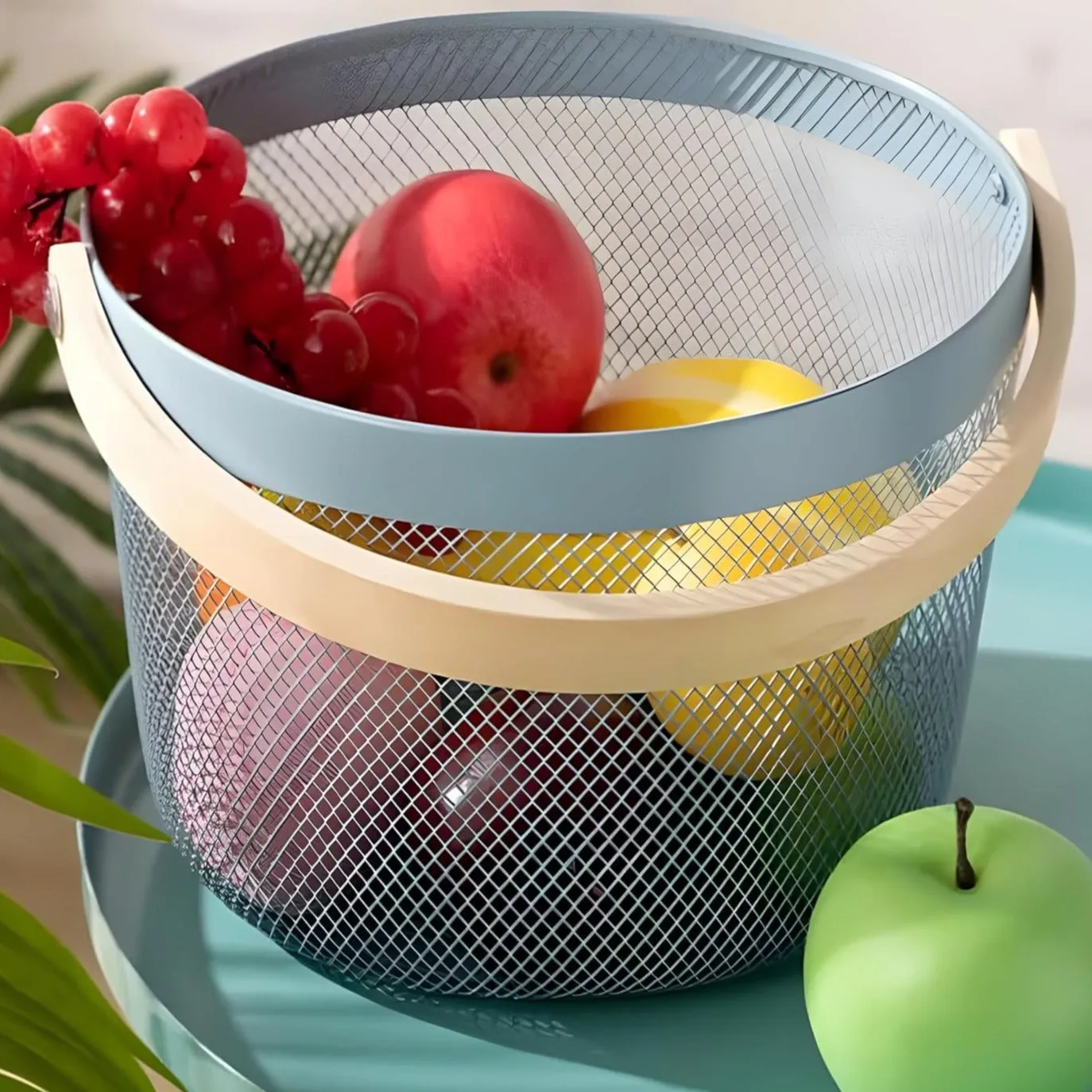 Mesh Steel Basket with Wooden Handle-Round Grey