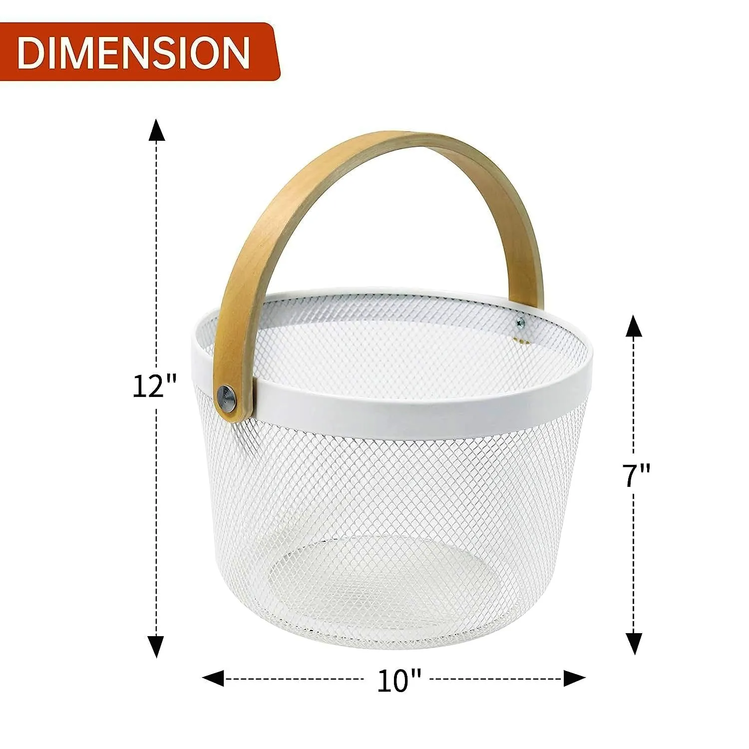 Mesh Steel Basket with Wooden Handle-Round White