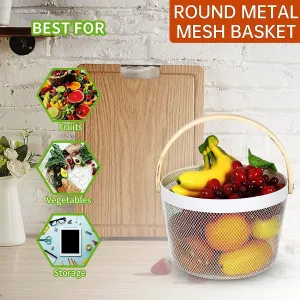 Mesh Steel Basket with Wooden Handle-Round White