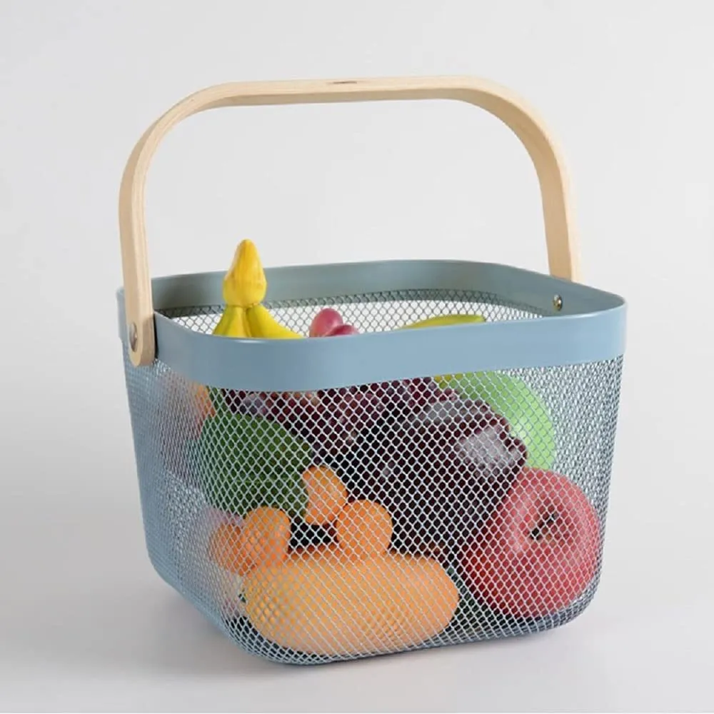 Mesh Steel Basket with Wooden Handle-Square Blue