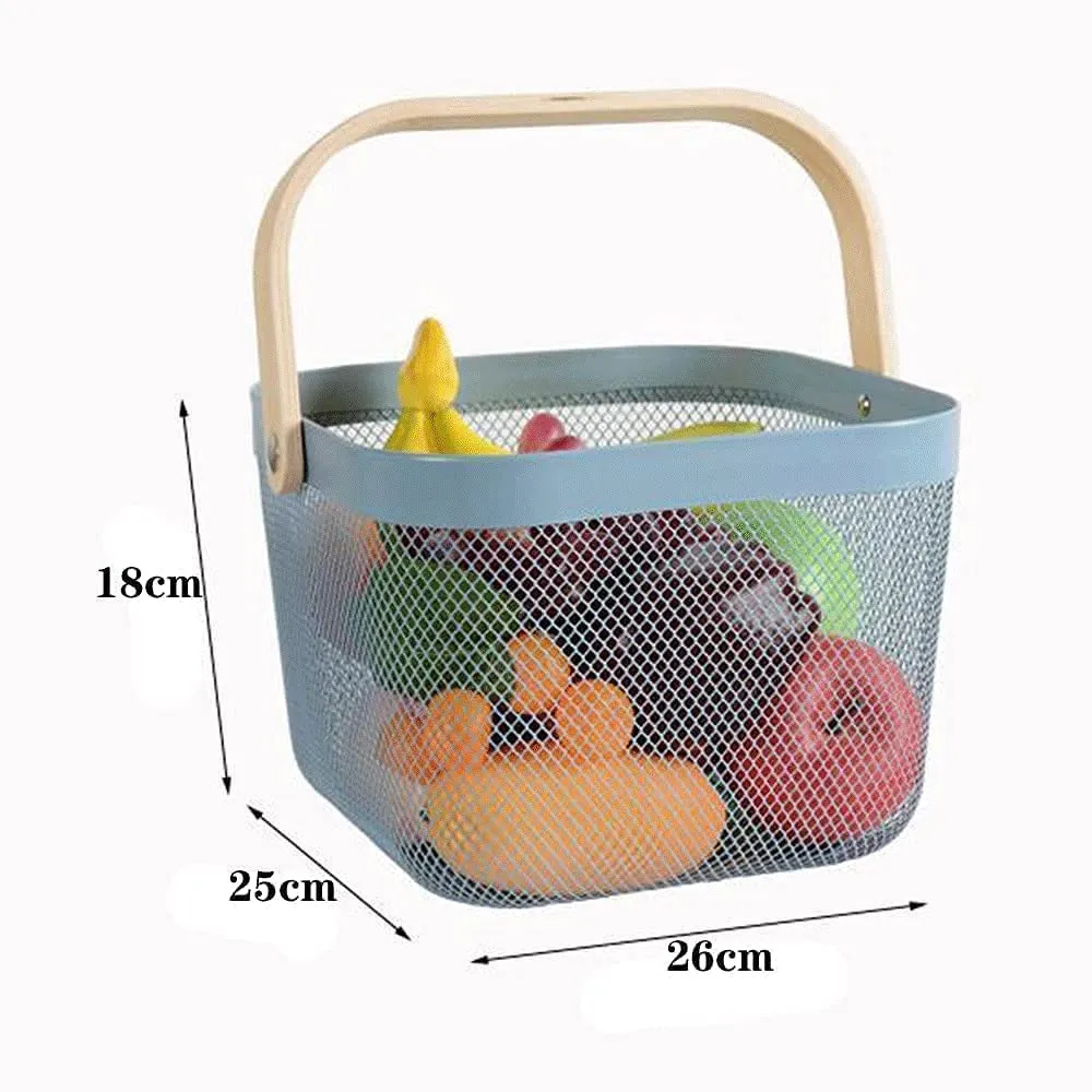 Mesh Steel Basket with Wooden Handle-Square Blue