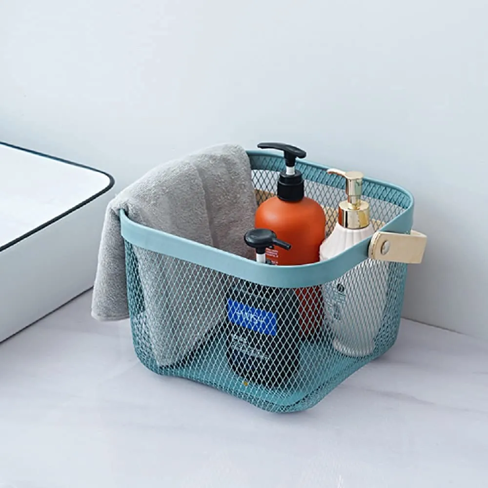 Mesh Steel Basket with Wooden Handle-Square Blue