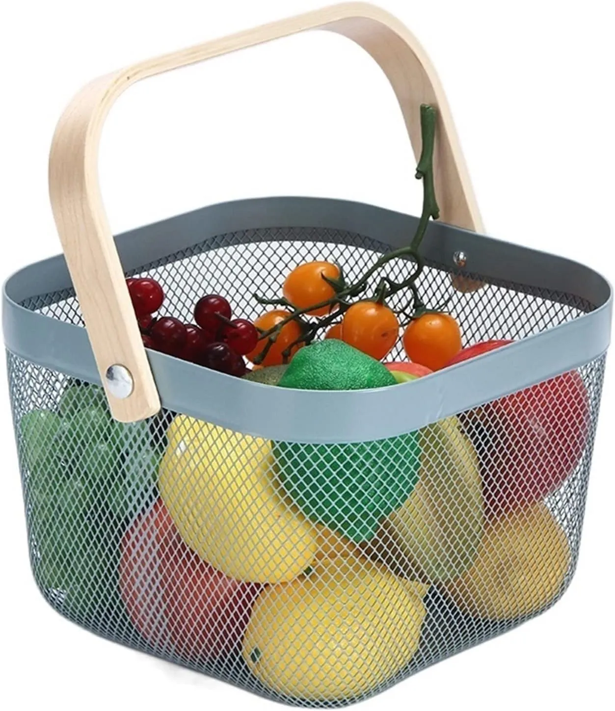 Mesh Steel Basket with Wooden Handle-Square Blue