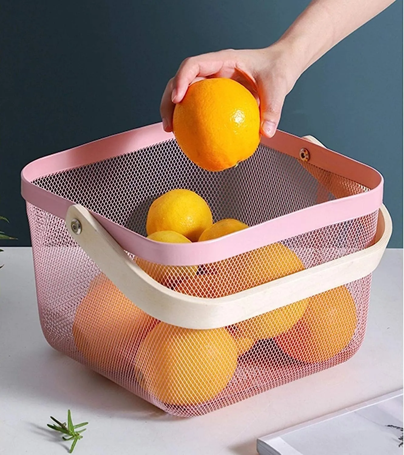 Mesh Steel Basket with Wooden Handle-Square Pink