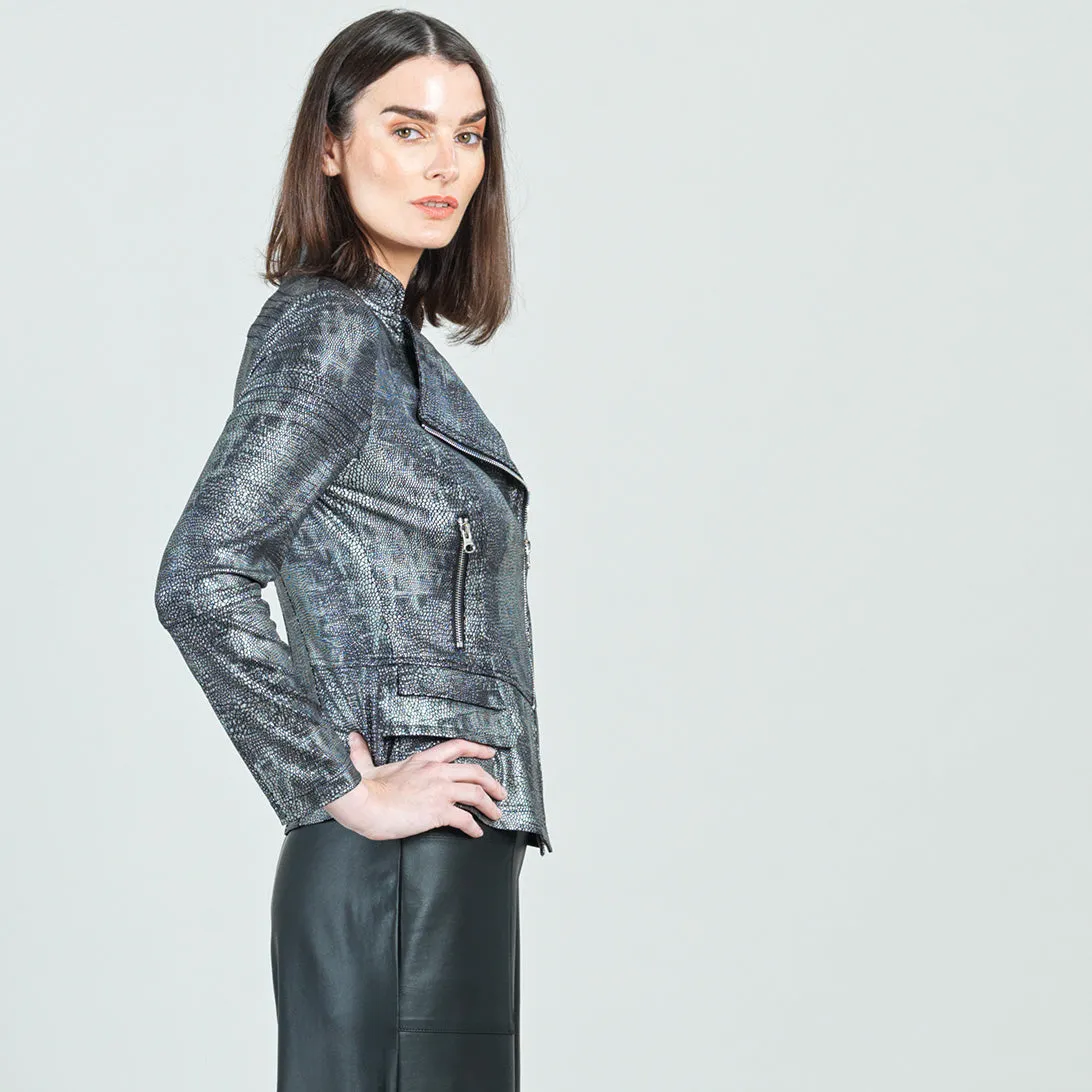 Metallic Liquid Leather™ Textured Biker Jacket - Gunmetal Silver