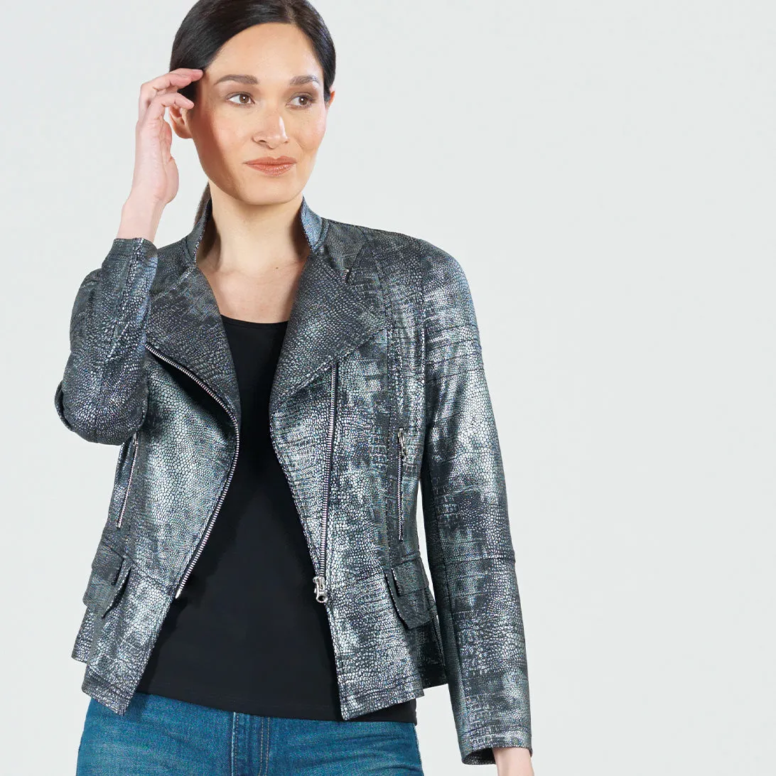 Metallic Liquid Leather™ Textured Biker Jacket - Gunmetal Silver