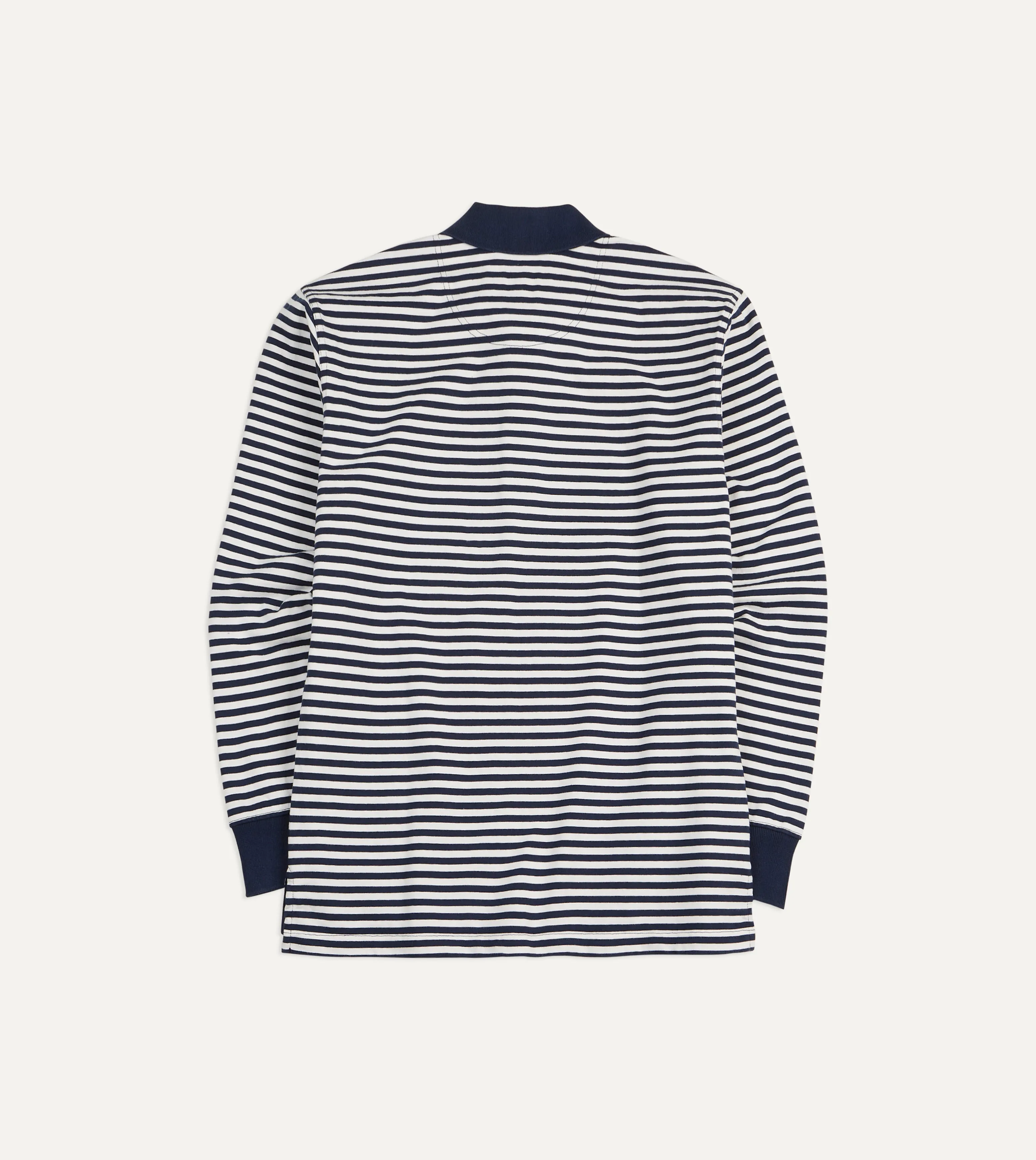 Navy and Ecru Stripe Knitted Jersey Cotton Long-Sleeve Polo Shirt