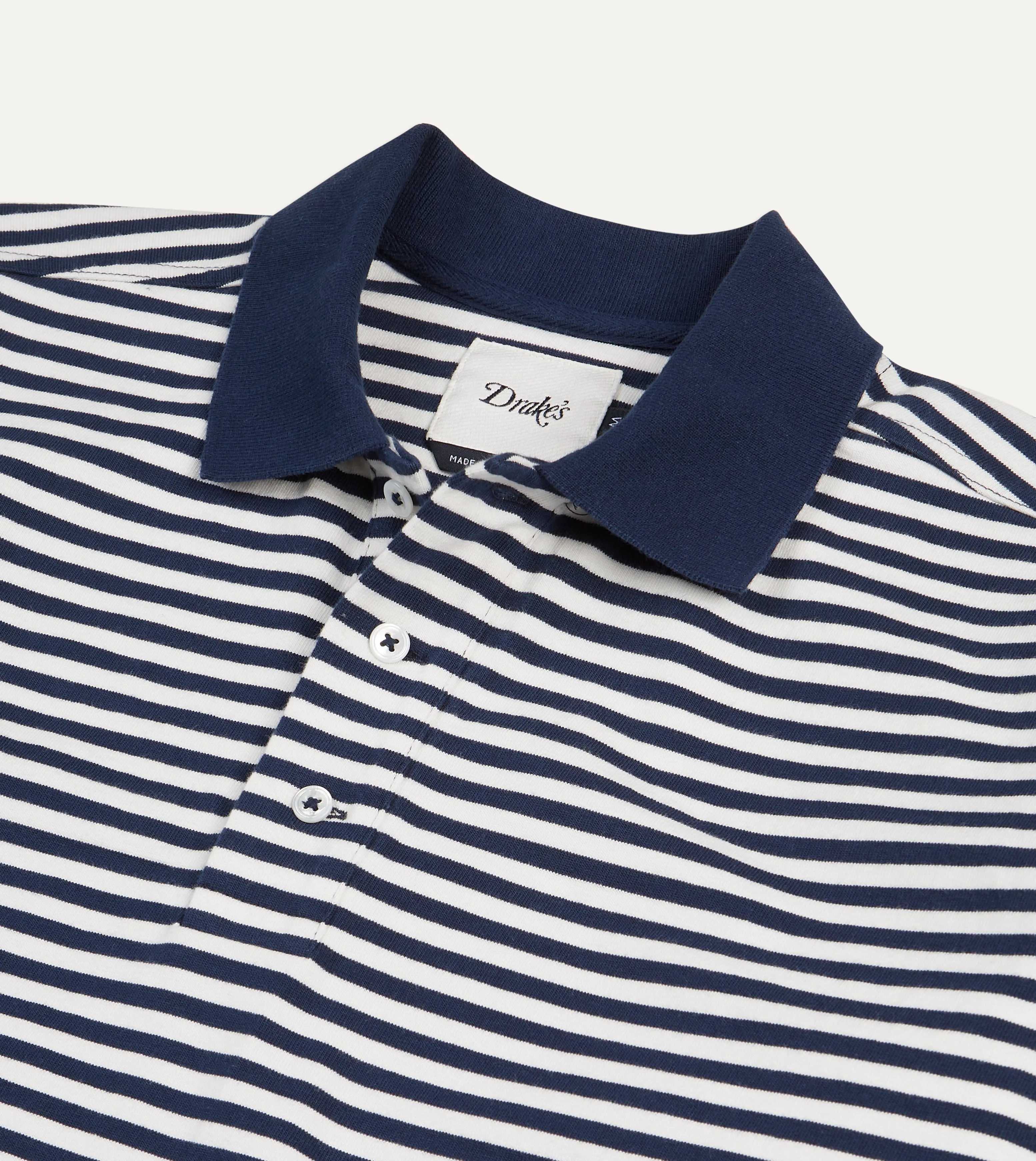 Navy and Ecru Stripe Knitted Jersey Cotton Long-Sleeve Polo Shirt