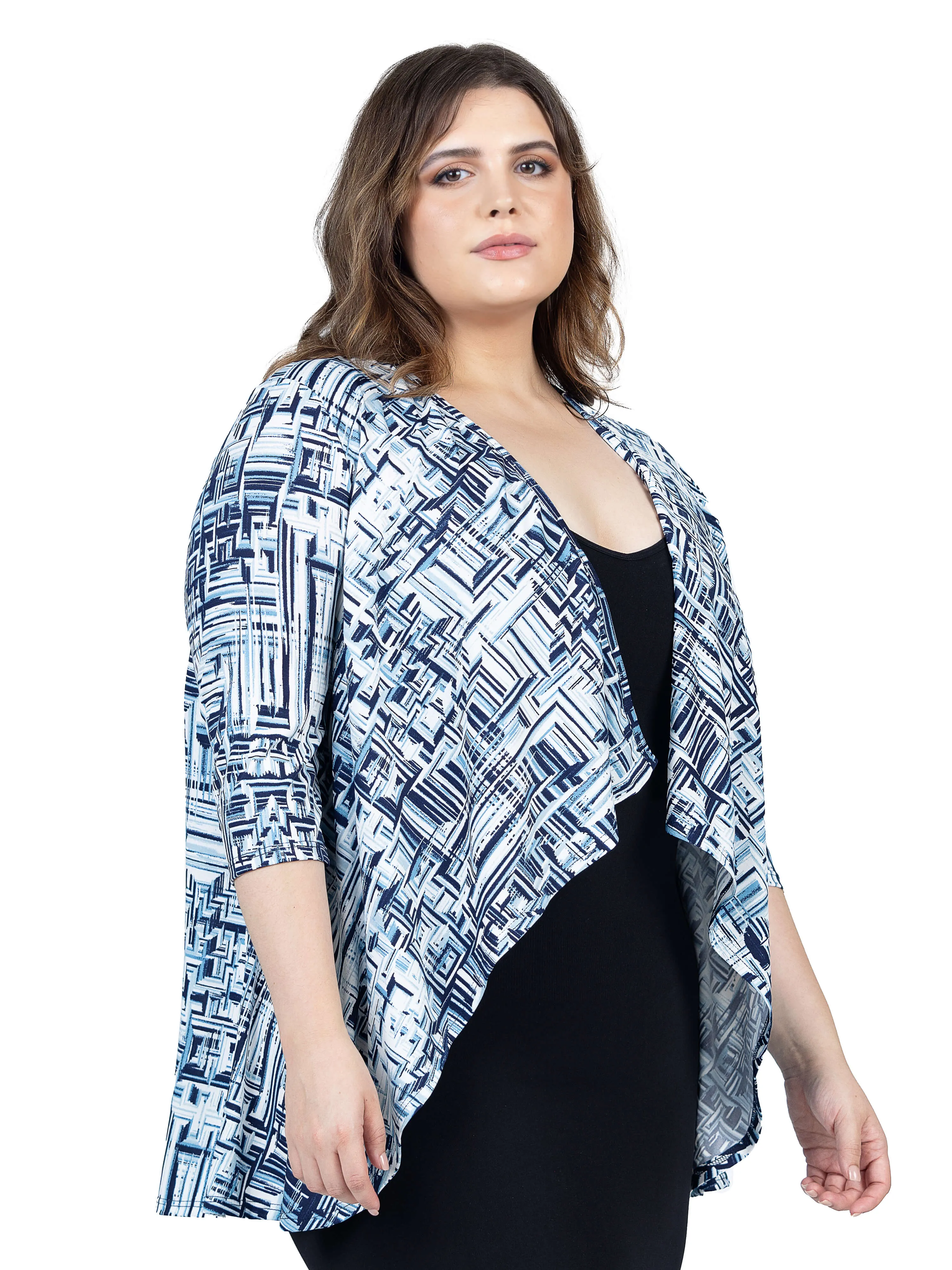 Navy Print Plus Size Elbow Length Sleeve Open Cardigan