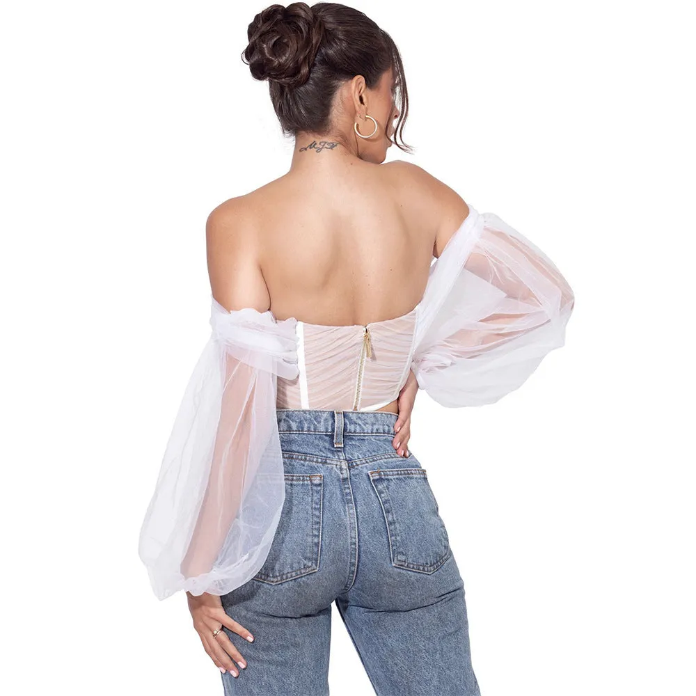 Net Yarn One-shoulder Herringbone Corset Long-sleeved Top