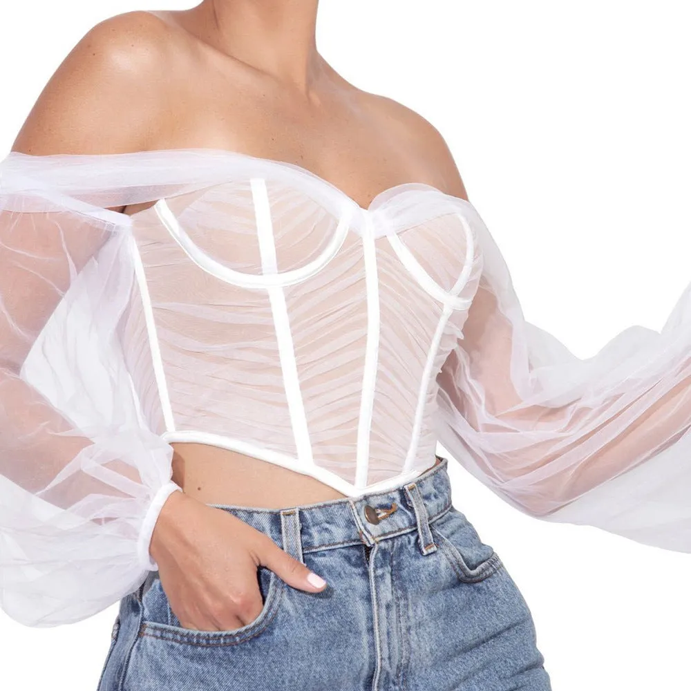 Net Yarn One-shoulder Herringbone Corset Long-sleeved Top