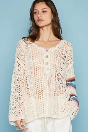 POL Round Neck Striped Long Sleeve Knit Cover Up