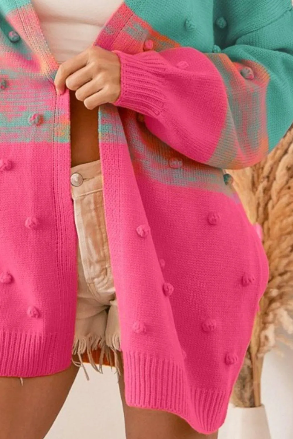 Pompon Colorful Cardigan BiBi USA Stock Color Block Sweater